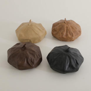 春秋潮童帽子韩版皮质男女童八角帽儿童配饰贝雷帽宝宝时尚画家帽