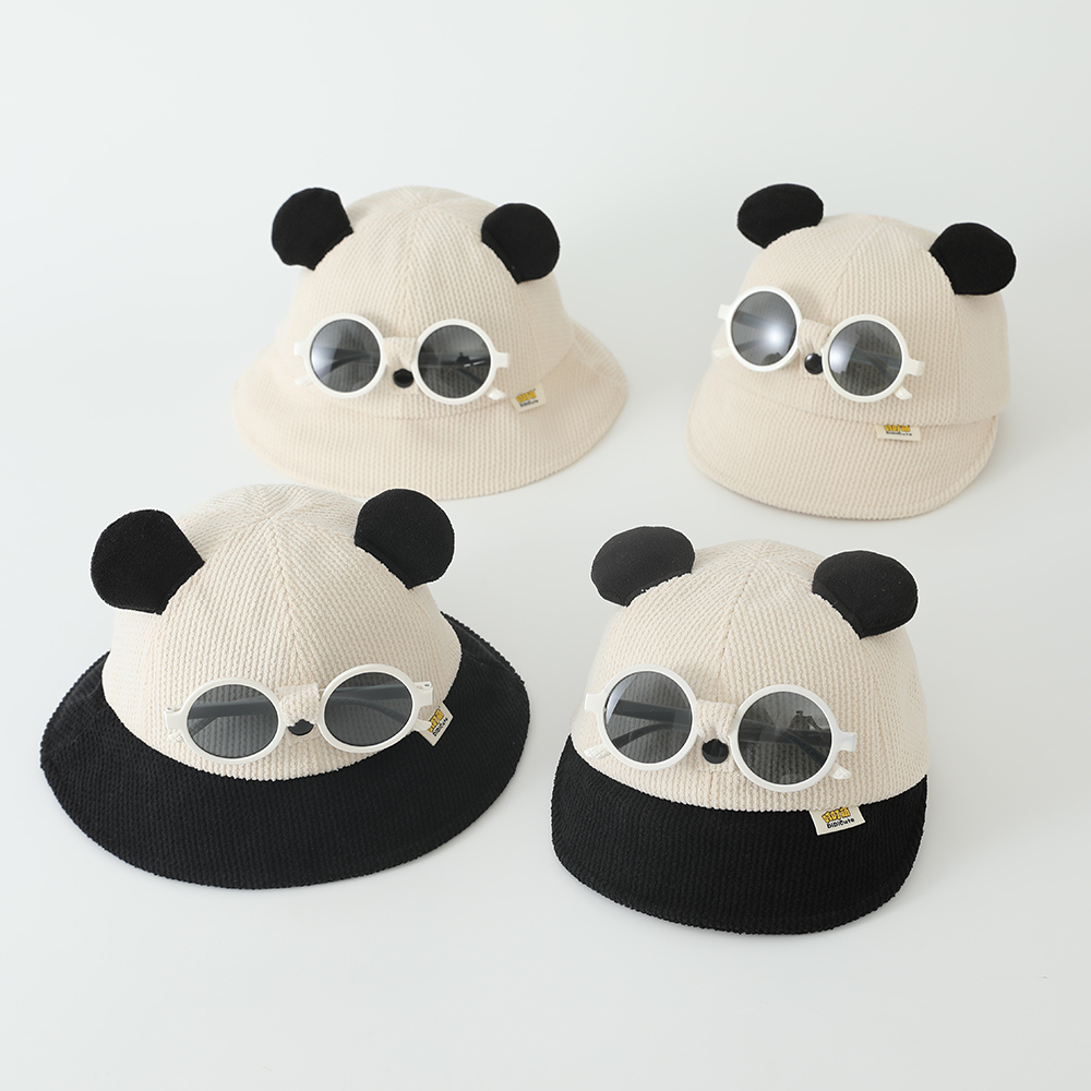 熊猫可爱宝宝帽子春秋韩版时尚男女童眼镜渔夫帽儿童灯芯绒秋冬季