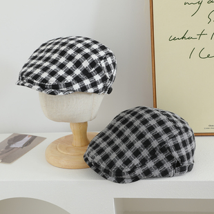 潮格子儿童洋气贝雷帽春秋韩版男童英伦复古前进帽女童防晒鸭舌帽