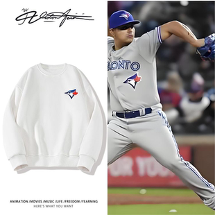 美国棒球联赛多伦多蓝鸟队标印花应援圆领卫衣长袖打底衫男