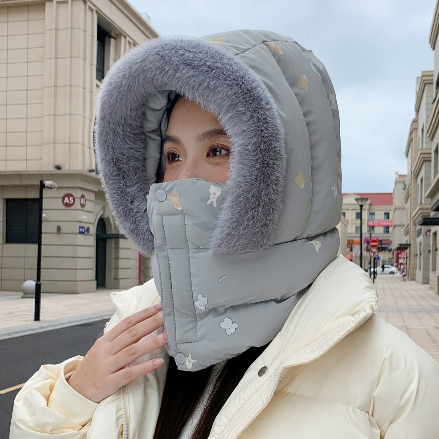 雷锋帽女冬季骑行电动车保暖加绒防寒遮脸护耳帽子防风护颈一体帽