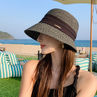 度假宽檐草帽女夏季户外防晒帽可折叠渔夫帽气质草编显脸小遮阳帽