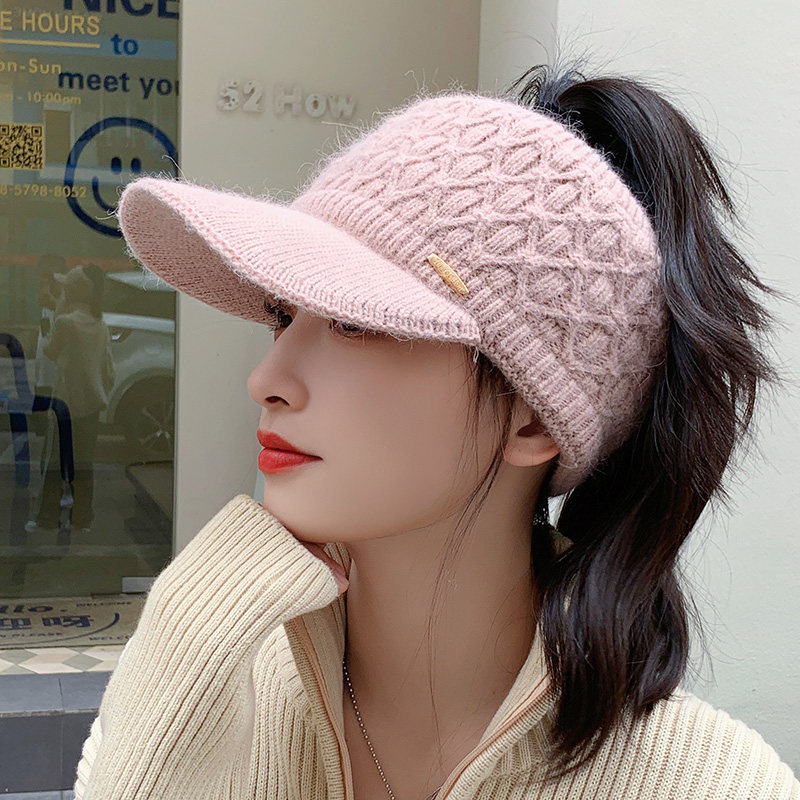 针织毛线空顶鸭舌帽子女秋冬季时尚甜美棒球帽休闲保暖骑车护耳帽