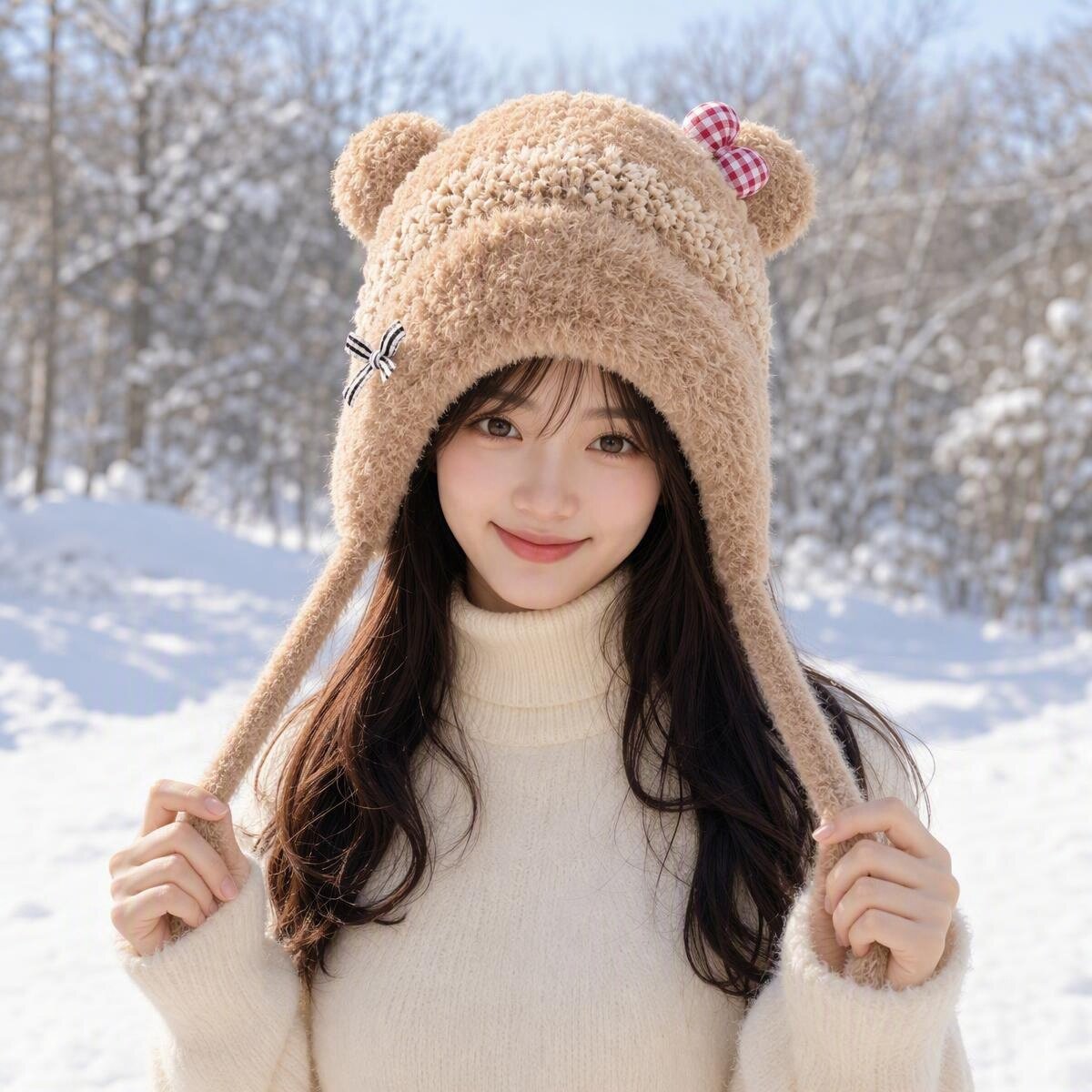 浅咖毛绒小熊耳朵护耳帽女格纹蝴蝶结可爱系带冬季雪地拍照保暖帽