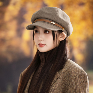 利普时尚八角帽女秋冬季百搭洋气贝雷帽大头围显脸小文艺画家帽子