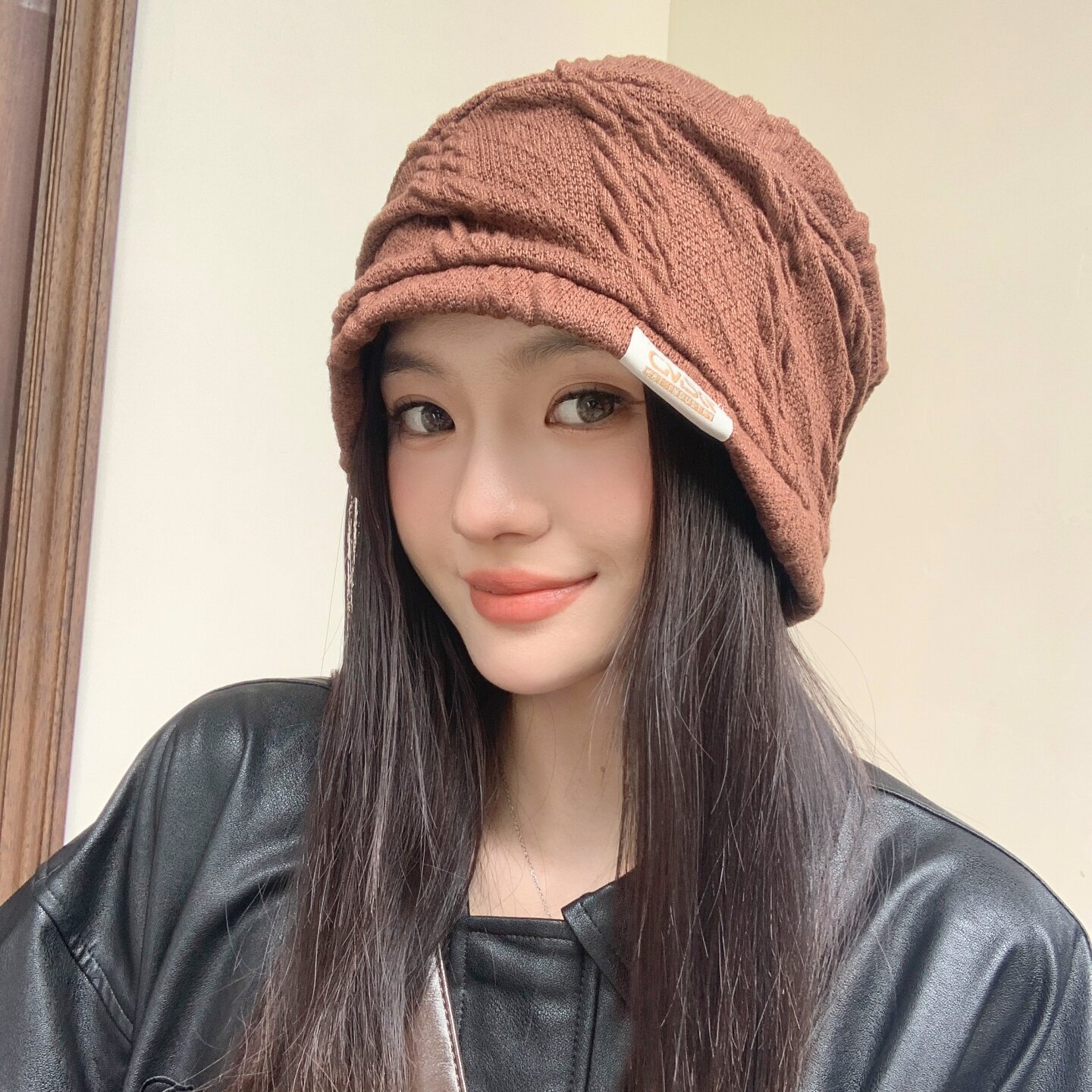 慵懒风麻花纹理堆堆帽女春秋季针织冷帽大头围包头帽休闲套头帽子