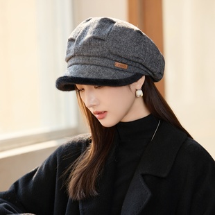 利普2025新款复古格子贝雷帽女冬季显脸小保暖防寒护耳画家鸭舌帽