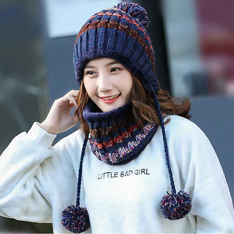 女冬天毛线帽子围脖加绒加厚针织帽韩版百搭休闲套头帽出行护耳帽
