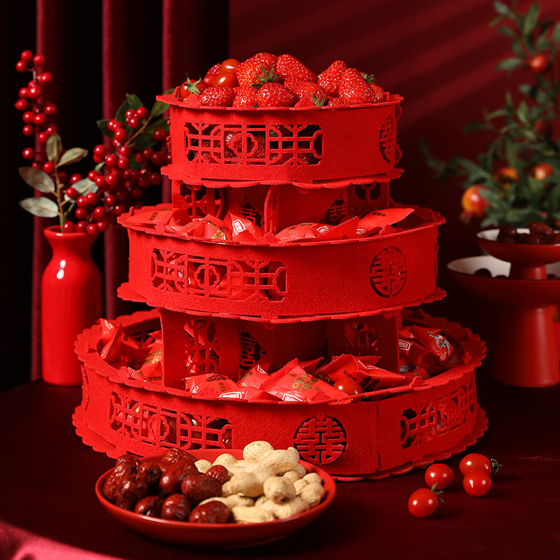 结婚用品无纺布果盘婚礼婚庆喜字家用红色糖果水果瓜子喜糖盘子