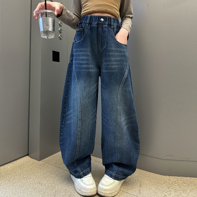 女童牛仔裤秋装2025新款春秋款大童儿童弯刀裤秋冬款女孩加绒裤子