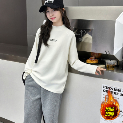女童一体绒打底衫秋冬装2025新款中大童儿童冬季女孩高领加厚上衣