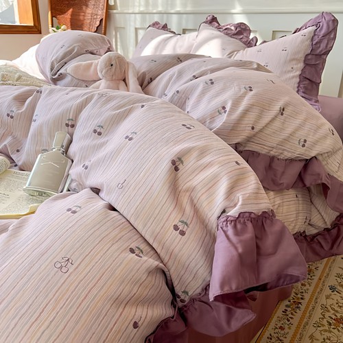 紫色樱桃大荷叶边全棉双层纱床单四件套纯棉花边被套公主风法式2m