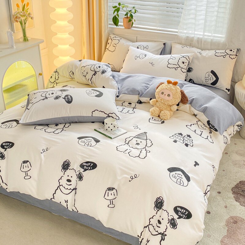 全棉潦草小狗四件套可爱黑白卡通100纯棉床单被套1.5m1.8m床笠款