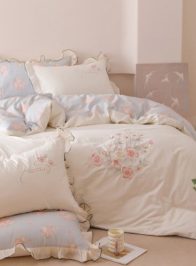 白色全棉四件套玫瑰花束少女心荷叶边床单床笠款床品加大号床笠款