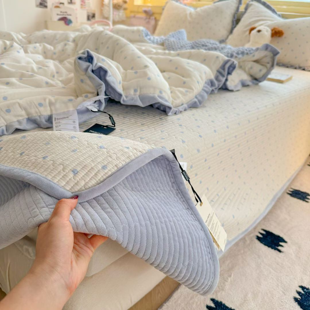 一面双层纱纯棉一面绒床盖三件套四季通用榻榻米保暖加绒双人床盖