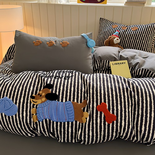 腊肠狗条纹全棉四件套加厚磨毛纯棉床单被套床上用品加大2m小狐狸