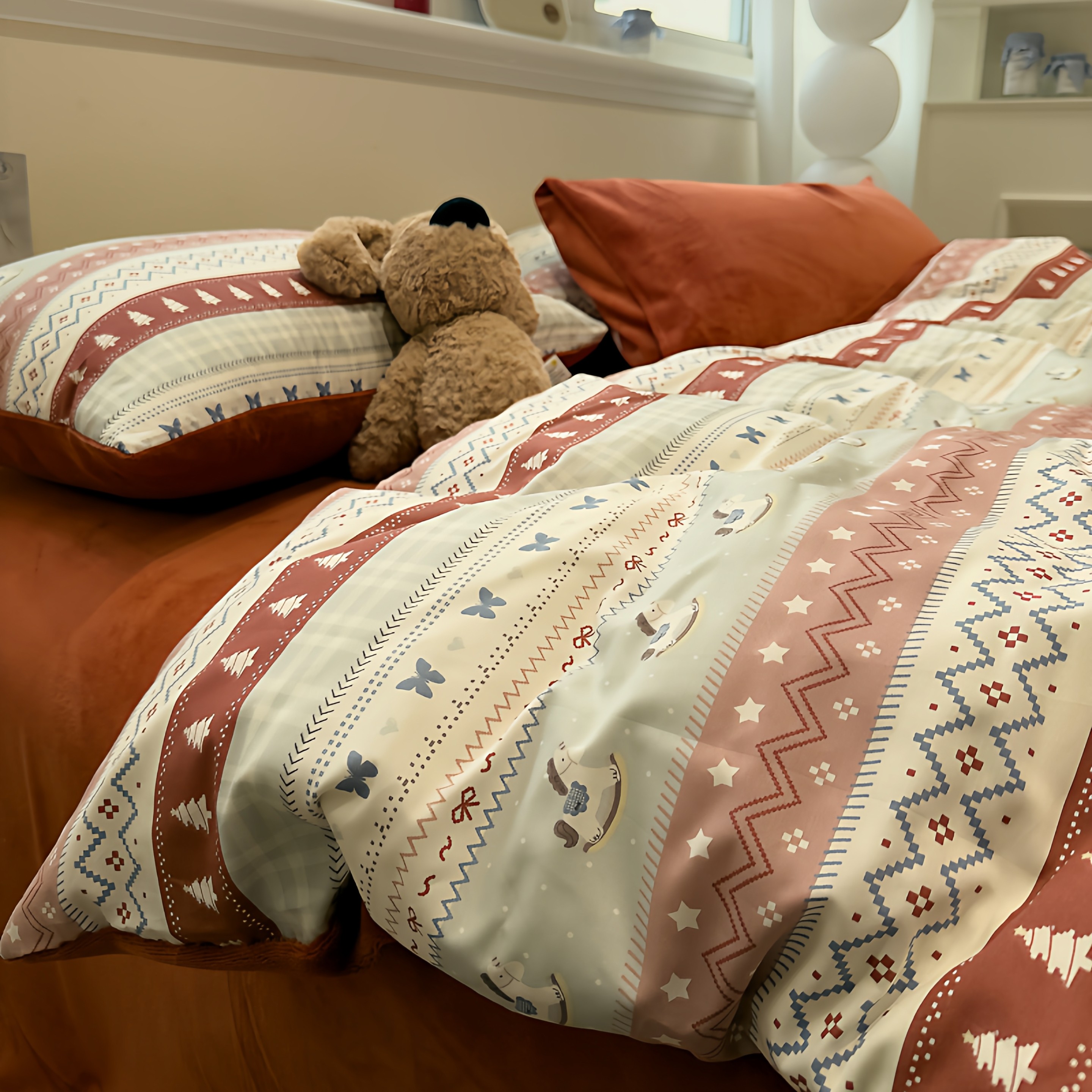 蝴蝶木马四件套A棉B绒被套全棉纯棉棉绒床品加大2m橘色波西米亚风