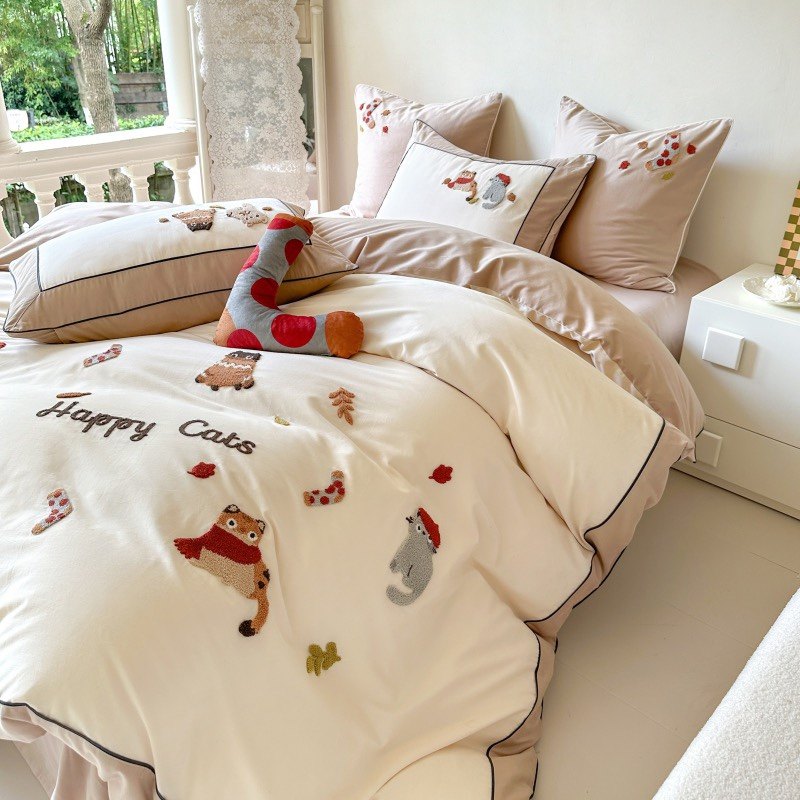 猫咪加厚磨毛四件套全棉纯棉被套 可爱秋冬新款床上用品2.0m床品