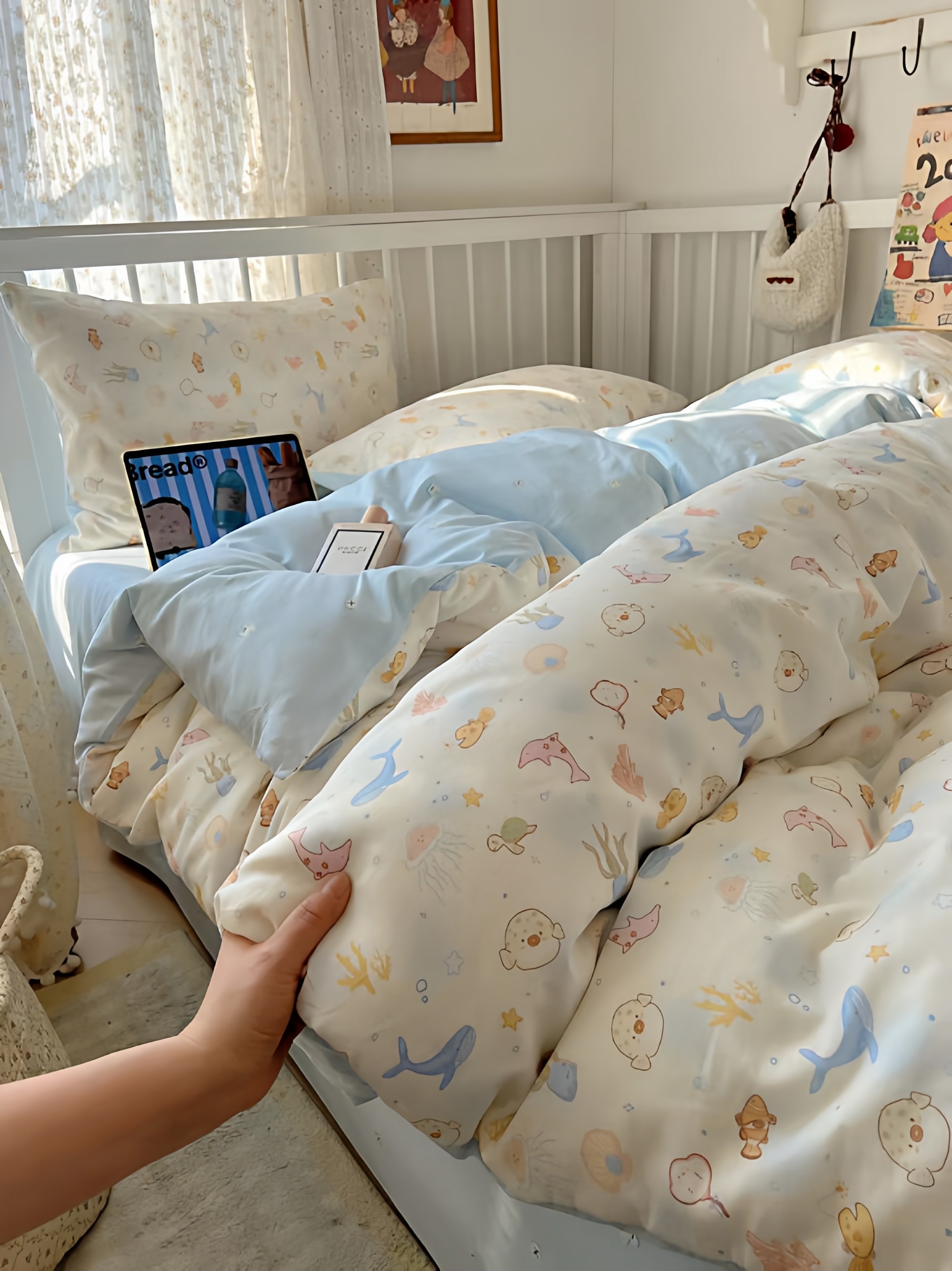 热带鱼卡通四件套全棉床单被套单人床品纯棉ins可爱蓝色床笠款1.8,床上用品,床品套件/四件套/多件套,淘宝优惠券,粉丝福利购,淘宝优惠卷