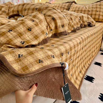 床盖款豆豆绒四件套被套双层纱宝宝绒夹棉纯棉床盖三件套秋冬保暖