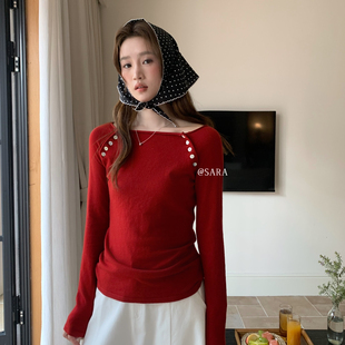 SARA-伦敦落日简约高级造型感十足细节钮扣设计上衣针织衫（WM367