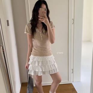 SARA-26年夏上新法式撞色V领假两件短袖针织衫（含6羊毛）wm417