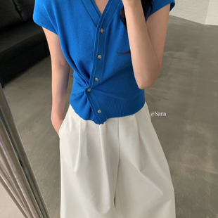 SARA-26年夏上新法式V领扭扣收腰设计针织开衫（含6羊毛）wm405