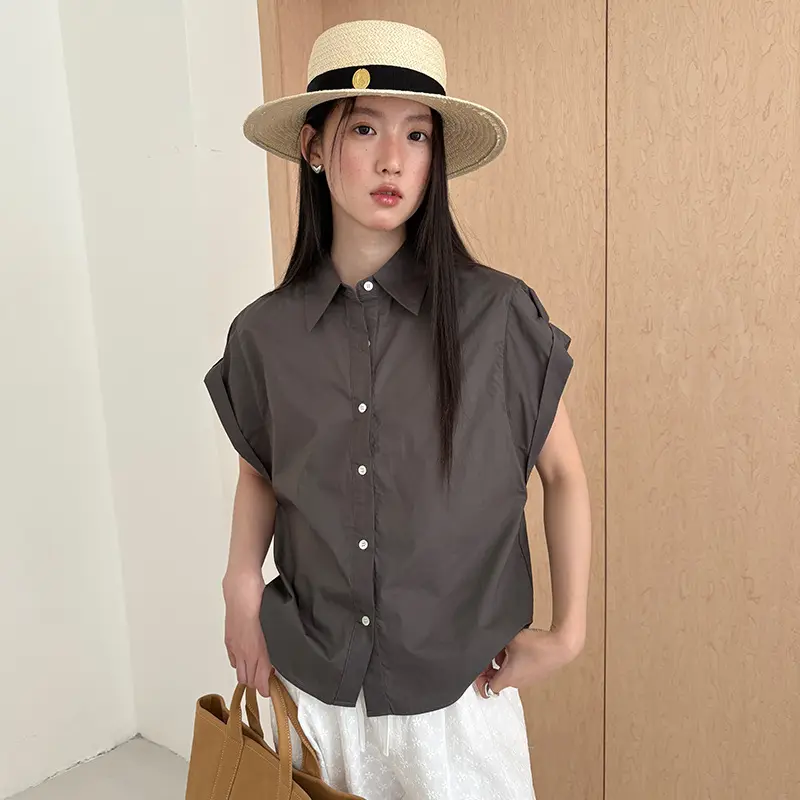 AlloFu 韩版简约设计感宽松短袖衬衫2025夏季翻领卷边袖上衣23253