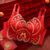 秋冬套装 马年本命年大红色文胸结婚新娘内衣女小胸聚拢无钢圈刺绣