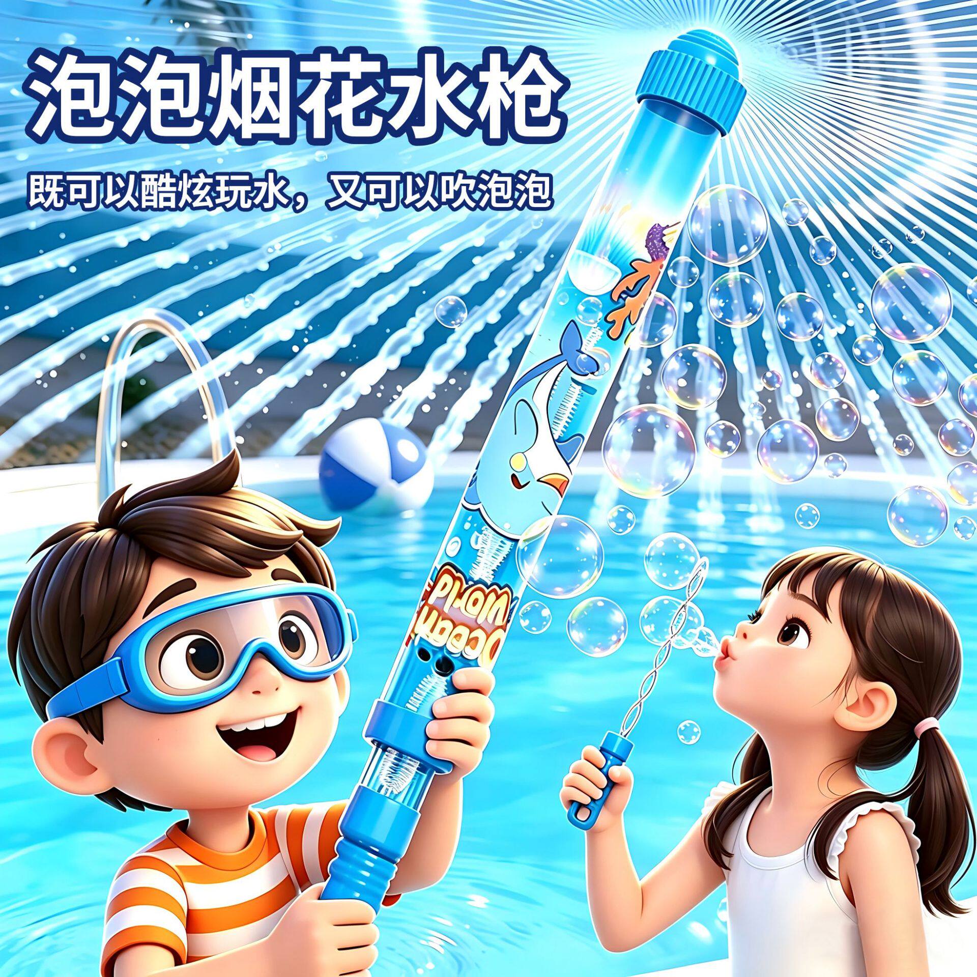 泡泡烟花水枪儿童手持泡泡棒大号抽拉式水枪泼水节漂流打水仗玩具