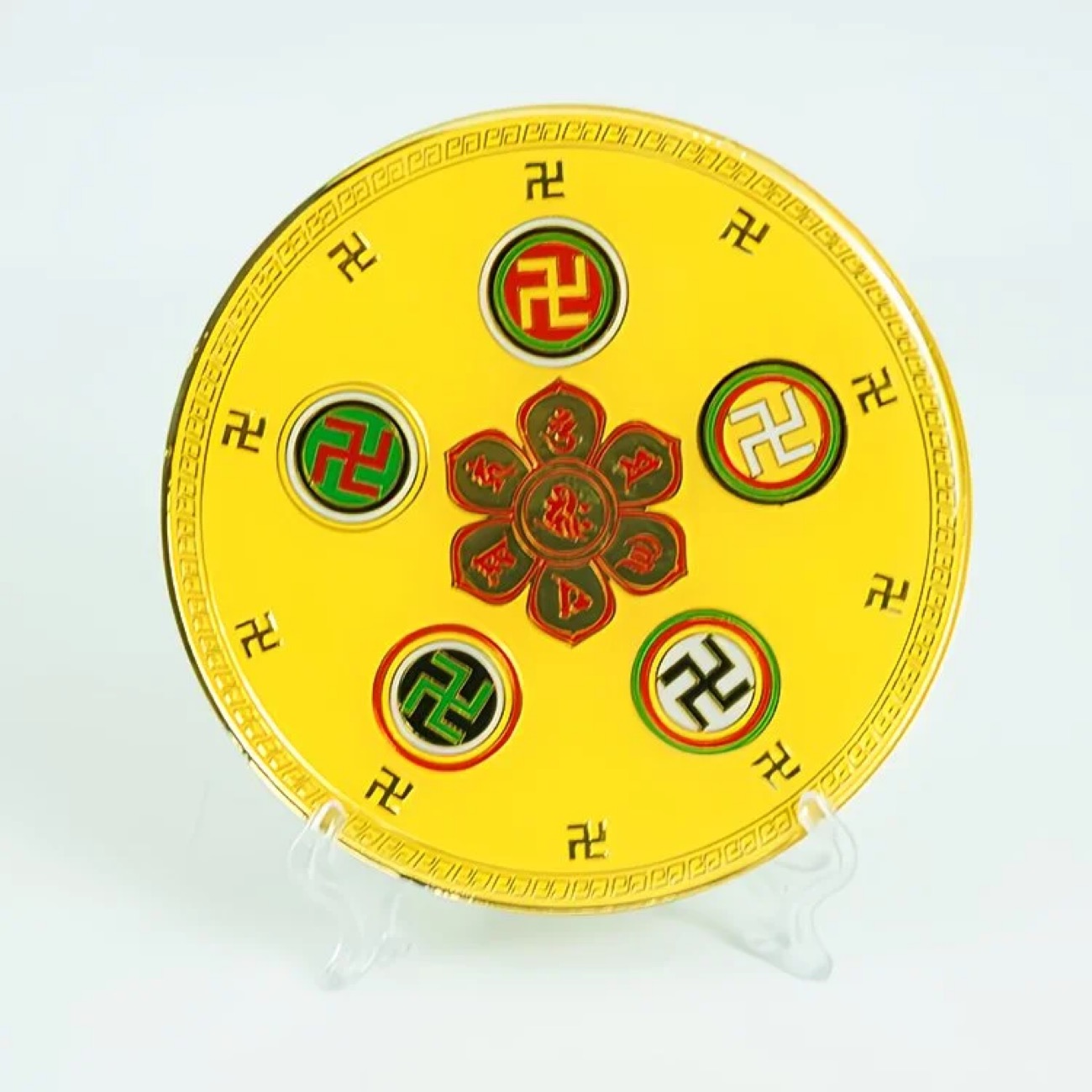 9.8厘米单面后天八卦五行盘六字箴言万字符盘黄铜摆件补角能量贴