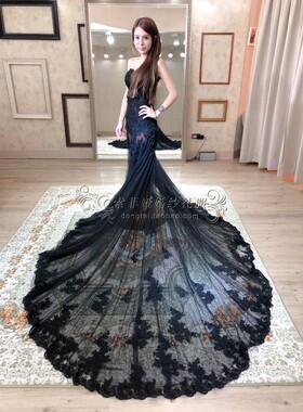 高端定制2022夏秋季晚礼服成人礼大拖尾黑色婚拍外景银楼写真新娘