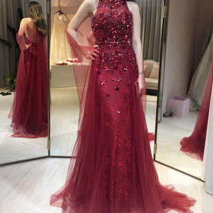 显瘦新娘优雅敬酒服 蕾丝气质修身 高端定制2020秋季 酒红晚礼服时尚