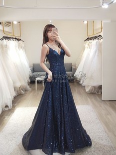 高端定制2020秋季 晚礼服新娘吊带演出服亮片藏青A摆主持人