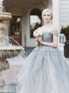 私人定制2019秋季惊爆烟灰色婚拍超仙唯美婚纱礼服蓬蓬裙旅拍