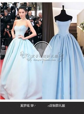 高端定制2019夏季抹胸明星同款天蓝色缎面A摆拖尾礼服毕业季演出