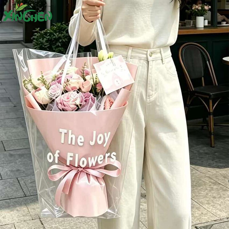 花束透明梯形手提袋花店鲜花配送神器防尘手提袋子T形袋礼品袋