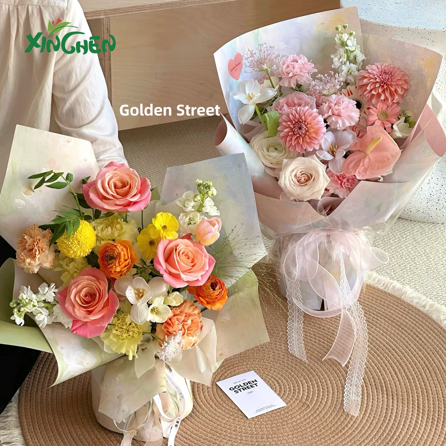 油画风田园风光花束包装纸