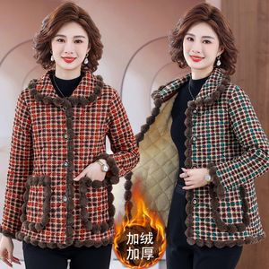 妈妈装冬季加绒加厚棉衣短款棉服中老年时尚大码保暖外套碎花棉袄