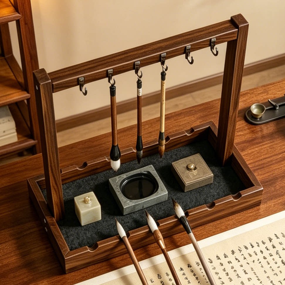 毛笔收纳架复古笔挂笔架桌面文房四宝实木展示架悬挂式书法笔托架图片