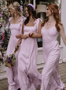 淡紫色缎面伴娘服绸面西式小个子微胖大码胖mm夏天丝绸简单大方