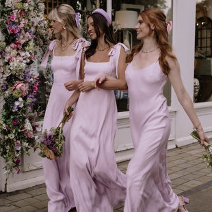 淡紫色缎面伴娘服绸面西式 胖mm夏天丝绸简单大方 小个子微胖大码