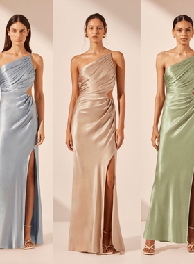单肩气质缎面礼服成人礼姐妹团伴娘服裙轻礼服婚礼小众高级感质感