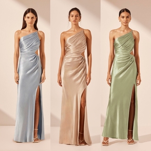 单肩气质缎面礼服成人礼姐妹团伴娘服裙轻礼服婚礼小众高级感质感