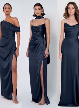 深蓝藏青色缎面伴娘服高级小众轻奢婚礼姐妹团生日礼服晚宴伴娘裙