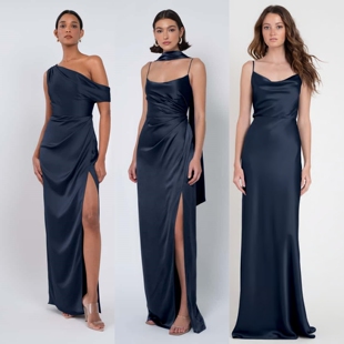 深蓝藏青色缎面伴娘服高级小众轻奢婚礼姐妹团生日礼服晚宴伴娘裙