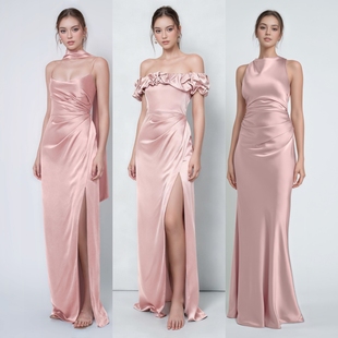 一字肩法式 绝美粉色缎面姊妹伴娘服生日礼服伴娘裙姐妹服伴娘团