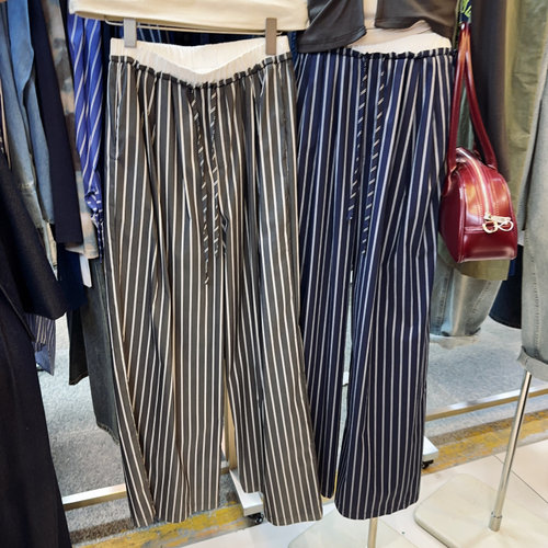 MADEINOST条纹松紧白色双腰拖地裤宽松休闲高腰抽绳慵懒风阔腿裤