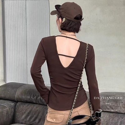 YUAN XI元熙6065小心机露背长袖V领T恤女显瘦小众设计感上衣秋新