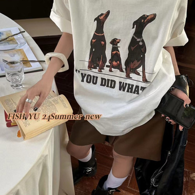 FISH YU2026夏季新款做旧洗水美式杜宾犬短袖印花男女潮牌T恤宽松